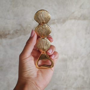 Elegant Metal Gold Seashell Bottle Opener Features Polished Brass Finish Triple Shell Handle Unique Coastal Beach <b>Bar</b> <b>Tool</b> - Product Image 5