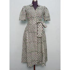 Indian Handmade 100% Cotton Beautiful Kangura <b>Dresses</b> Block Floral Printed Breathable Cute Casual Maxi <b>Dress</b> with Button Belt - Product Image 1