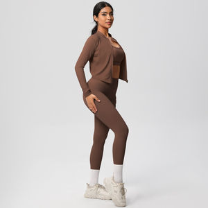 Hot Women's Lightweight 3-Piece Breathable Activewear Set Custom Logo Zipper Jacket <b>Crop</b> Top Yoga <b>Leggings</b> Solid Gym Sportswear - Product Image 3