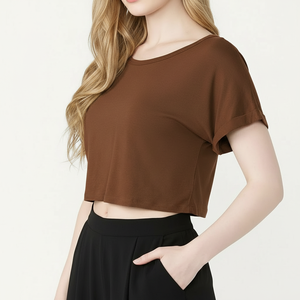 Camiseta Corta Básica para Mujer, Manga Corta, Cuello Redondo, Corte Holgado, Informal, Verano, Venta al Por Mayor - Product Image 3