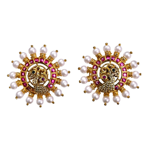 Vintage Peacock Kempu Stud Earrings with Zircon and Pearl - Product Image 2