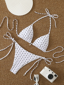 Ensemble de bikini sexy pour femme, uni, à bretelles croisées, triangle, séchage rapide, avec string, à nouer sur les côtés, deux pièces, extensible, pour la plage et les vacances - Product Image 1