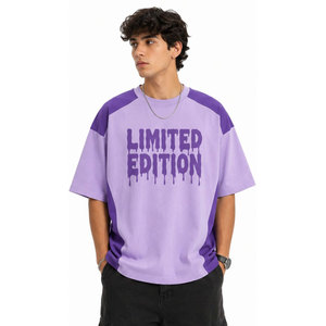 Camiseta de Edición Limitada Morada con Mangas Raglán, Estilo Urbano Oversize, Cuello Redondo, Tejido con Estampado de Letras y Ribete en Contraste, Camiseta con Relieve - Product Image 2