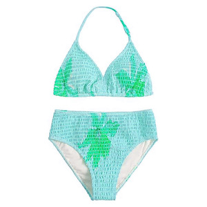 Ensemble de bikini imprimé tropical pour femme, haut triangle à col halter, bas taille haute, maillot de bain extensible en spandex et polyester - Product Image 1