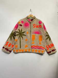 Chaqueta de Tweed Bordada con Palmeras Tropicales y Rayos de Sol, Estilo Boho, para Vacaciones, Abrigo Suzani - Product Image 4