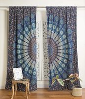 Panneaux de rideaux imprimés style hippie bohème indien, motif paon et mandala, bleu turquoise, pour chambre, salon et décoration intérieure