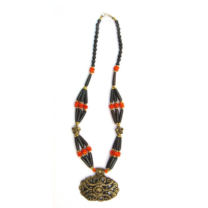 Ethnic Beaded <b>Necklace</b> with Black and Red Coral Beads Antique Bronze Plated Pendant Unisex <b>Statement</b> Jewelry - Product Image 1