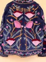 Veste bomber tendance en velours bleu, brodée de fleurs Suzani, veste ethnique d'hiver pour femmes
