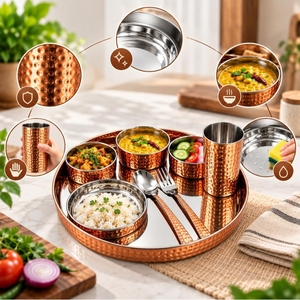 Complete Steel Copper Thali Dinnerware <b>Set</b> with Food Plate Bowls Spoon and Glass for Festive Meals Housewarming and Gifting <b>Set</b> - Product Image 4