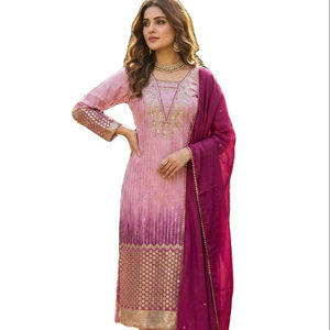 ชุดสูทซัลวาร์ผ้าไหมชีนอนแท้ 100% แรงบันดาลใจจากคนดัง สีสวย งานปักและประดับด้วยลูกปัดหลากหลายแบบ พร้อมผ้าคลุมไหล่ - Product Image 1