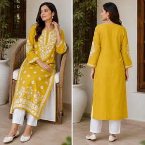 Kurti droit en coton brodé à la main Chikankari jaune moutarde exclusif pour femme avec col en tissu ethnique à motifs floraux - Product Image 4