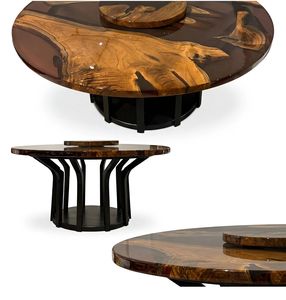 Table à manger ronde en résine époxy, plateau moderne effet bois, décoration de meubles pour salon - Product Image 3