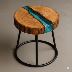 Table d'appoint artistique en bois et résine avec bord naturel et design rivière en époxy, pièce décorative artisanale - Product Image 2
