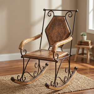 Traditional Wooden <b>Rocking</b> <b>Chair</b> With Metal Frame Solid Back Living Room Furniture Antique Style Home Decor - Product Image 1