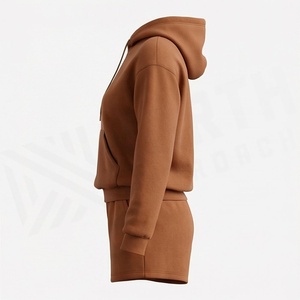 Conjunto de 2 Piezas para Mujer, Sudadera con Capucha y Pantalones Cortos, Color Sólido, Felpa, Corte Holgado Informal, Largo por Encima de la Rodilla, Manga Larga - Product Image 3