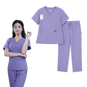 Conjunto de uniforme médico para mujer, color morado, cuello en V, manga corta, pantalones de algodón y poliéster, hecho en Vietnam. - Product Image 1