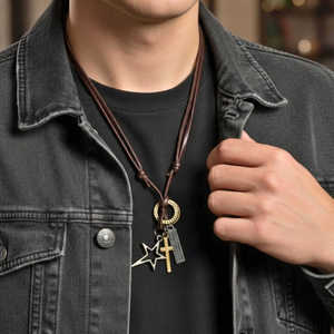 Star <b>Cross</b> Pendant-1.5-Inch Pure Stainless Steel Religious Number Charm with Adjustable Leather Rope for <b>Men</b> & Boys - Product Image 1