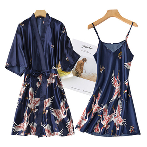 Conjunto de Dos Piezas de Satén de Seda para Mujer, Bata y Pantalón, Transpirable, de Secado Rápido, Elegante Ropa de Dormir de Verano con Cinturón y Cuello en V - Product Image 2