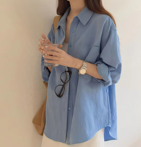 Chemise ample vintage d'été pour femme à manches longues et col à revers avec poche plaquée en tissu tricoté respirant - Product Image 3