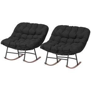 Set da Esterno con 2 Sedie a Dondolo Papasan Nere Oversize con Cuscini, Capacità 120 kg, per Giardino e Portico - Product Image 1