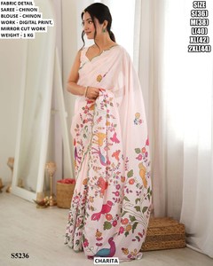Charita Women's Purple Chinon Saree With Digital Print And Mirror Cut Work <b>Blouse</b> For Party Wear S5235 - Product Image 2