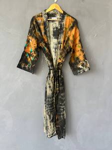 Bata tipo kimono de algodón con cuello en V y efecto tie-dye para mujer, bata larga de algodón estilo bohemio, kimono tie-dye hecho a mano, pareo ligero para la playa - Product Image 1