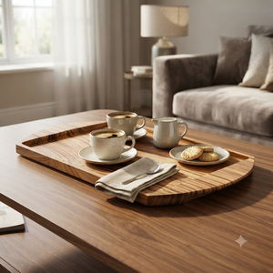 Plateau de service artisanal en bois d'olivier, plateau en bois à bords naturels, plateau de service pour le petit-déjeuner, le café, le thé, la nourriture, décoration pour restaurant et maison - Product Image 2