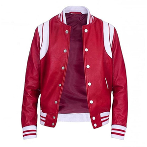 Veste universitaire en PU rouge pour homme, style preppy, col rabattu, manches régulières, couleur unie, fermeture à boutons, vêtement d'automne - Product Image 1