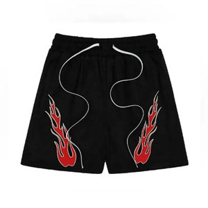 Shorts en coton décontractés pour homme, noirs, brodés de flammes, avec cordon de serrage - Product Image 1