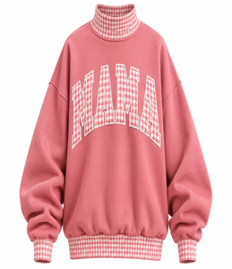 Sweat-shirt surdimensionné personnalisé pour femme, col montant, motif écossais rose, broderie lettre appliquée, en molleton de coton, vente en gros - Product Image 1