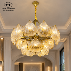 Lustre moderne de luxe en cristal avec design de feuilles transparentes, structure en fer doré, 15 ampoules pour salon, salle à manger, hall d'entrée - Product Image 1