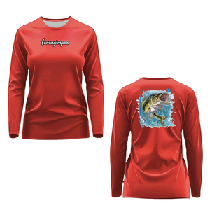 Camiseta de Pesca Personalizada con Cuello Redondo, 100% Poliéster, Impresión por Sublimación, Secado Rápido, UPF 50, Patrón Rojo y Negro, para Mujer Adulta - Product Image 5