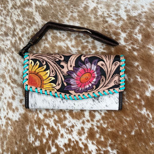 กระเป๋าคลัทช์ผู้หญิงสำหรับงานแกะสลักด้วยมือลายดอกทานตะวันหนังวัวสไตล์ตะวันตกดีไซน์ใหม่ - Product Image 2