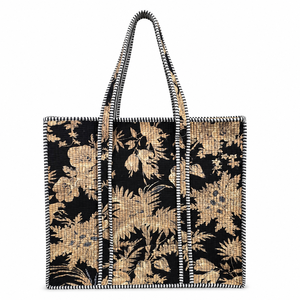 Sac fourre-tout léger en tissu de coton imprimé arbre noir et or Le Souvenirs, fermeture éclair, style bohème vintage, toile rayée - Product Image 1