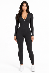 <b>Women's</b> <b>Black</b> Full Length Seamless Strapless <b>Bodysuit</b> Deep V Neck Long Sleeve High Waist Spandex Polyester Four-Way Stretch - Product Image 1