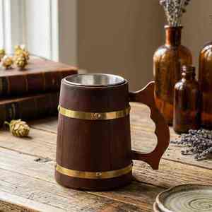 Handmade Wooden Beer <b>Mug</b> with Stainless Steel Insert Classic Design Hand Grip Dishwasher Safe Gift <b>Box</b> for Home Bar & Party Use - Product Image 4