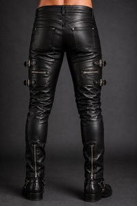 Genuine Leather Pants Men Slim Fit Biker Trousers <b>Thigh</b> Buckle Straps Zipper Pockets Clubwear Custom OEM Wholesale Hot Selling - Product Image 3