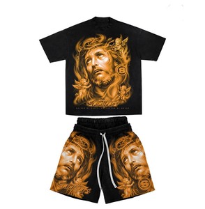 Ensemble short et t-shirt en coton délavé à l'acide, avec ourlet brut et manches déchirées, imprimé graphique en encre blanche et logo de marque, personnalisé 2026 - Product Image 1