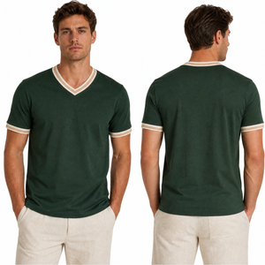 Stylish trendy Men's Dark Green V-Neck T-Shirt with Cream and Tan Double Stripe Ribbed v neck and Sleeve Cuffs - Product Image 1