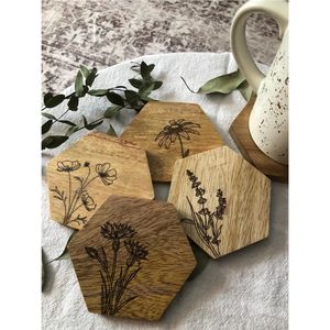 Handmade Hexagon Mango Wood <b>Coaster</b> Set Laser Engraved Floral Wooden <b>Drink</b> <b>Coasters</b> Eco Friendly Tableware Home Decor Gift - Product Image 1