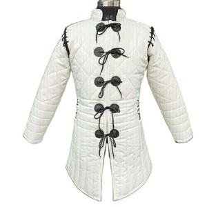 Medieval Gambeson Handmade Cotton <b>White</b> Viking Renaissance Costume Black Leather Trimmed Standard Thickness Mandarin Collar Belt - Product Image 1