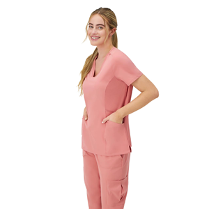Ensemble de blouses médicales roses à col en V pour femmes, haute qualité, manches courtes, poches, uniformes d'hôpital, détection d'aiguilles, tricoté en Spandex/Polyester - Product Image 6