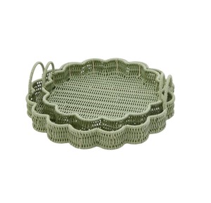 Decorative Green PE Rattan Tray with Handles Round Scalloped Design Handwoven Storage <b>Basket</b> for Home Kitchen <b>Coffee</b> <b>Table</b> Use - Product Image 1