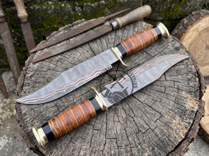 Cuchillo Bowie de Cobre Cu-Mai Forjado a Mano con Acero de Damasco, Mango de Cuero Apilado y Latón, Hoja de 10 Pulgadas, Cuchillo para Acampar al Aire Libre - Product Image 4