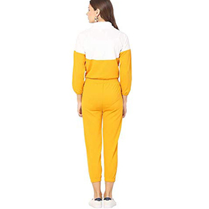 Ensemble de survêtement color block pour femme, manches longues, col rabattu, taille élastique, décontracté, printemps, jaune et blanc, 100 % polyester - Product Image 4