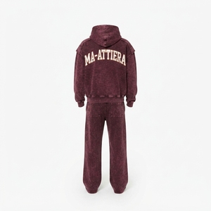 Conjunto de Sudadera con Capucha Oversize y Pantalones Anchos de Algodón Lavado Borgoña Personalizado, Estilo Urbano, Venta al por Mayor OEM ODM - Product Image 3