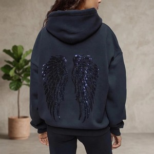 Custom Oversized Light Gray Sequin Angel Wings Hoodie Y2K Streetwear <b>Pullover</b> Sweatshirt - Product Image 6