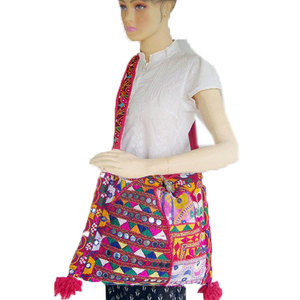 Banjara Handmade National Quilted Suede Cotton <b>Shoulder</b> Clutch Bag <b>Straps</b> Traditional Mirror Work Embroidery Zipper Closure - Product Image 2