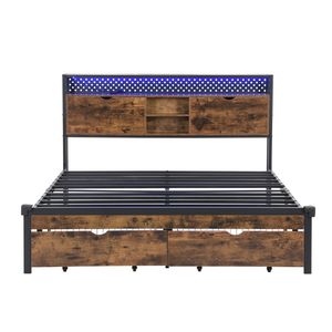<b>King</b> <b>Size</b> Metal Platform <b>Bed</b> <b>Frame</b> <b>with</b> LED Lights USB Charging Station 2 <b>Drawers</b> Storage Wooden Headboard Footboard - Product Image 6