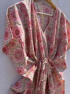 Pink Floral Cotton <b>Kaftan</b> Dress for Women V-neck Batwing Sleeves Printed <b>Beach</b> Cover Boho Resort Wear Regular Fit Summer Maxi - Product Image 4